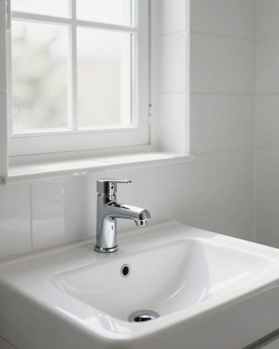 Bright high-key editorial photograph of a modern bathroom sink with a polished chrome faucet, soft natural window daylig