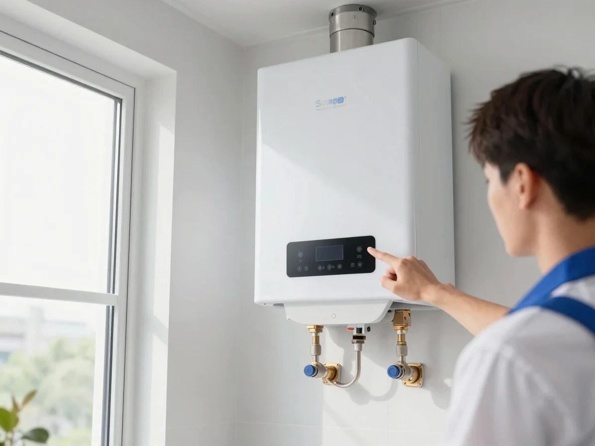 Bright, high-key editorial photograph of a modern residential water heater in a clean utility room, focusing on a techni