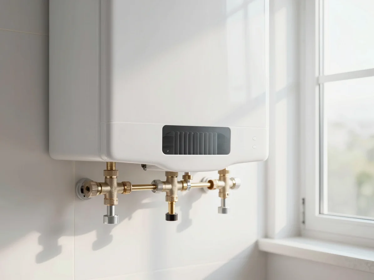 Bright, high-key editorial photograph of a modern residential water heater, close-up on a neatly arranged professional p