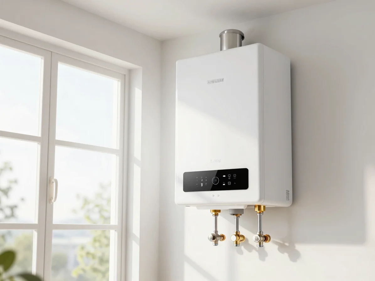 Bright, high-key editorial photograph of a sleek, modern tankless water heater installed in a clean residential utility