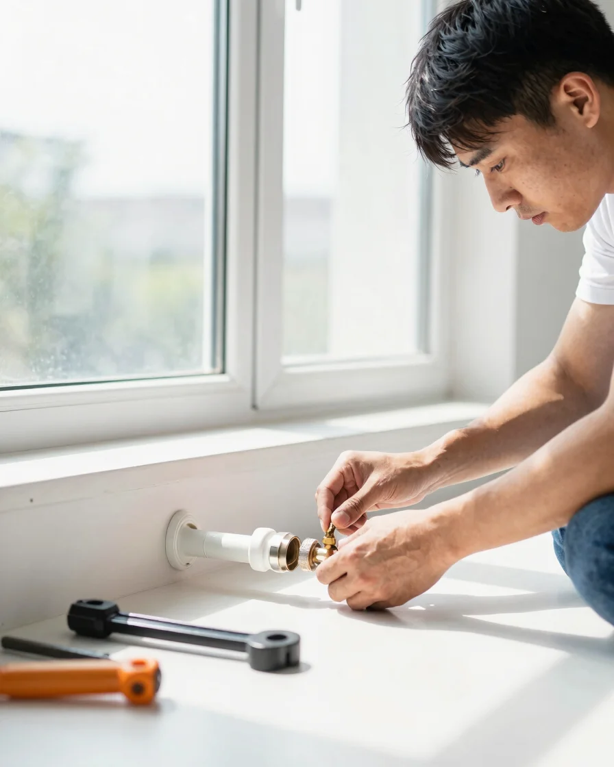 Bright, high-key editorial photograph of a plumber's hands working on a modern residential pipe fitting, clean tools lai